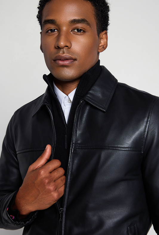 Lightweight Soft Black genuine lambskin leather jacket with a smooth texture, classic shirt collar, and front zipper closure. Harrington jacket