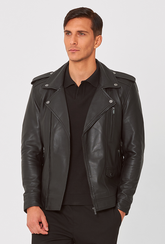 Men’s black genuine lambskin  asymmetrical leather biker jacket featuring a front zip closure, lapel collar, and a slim, lightweight fit.