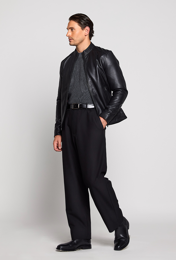 Men’s black genuine lambskin leather biker jacket with a clean, minimalist design, front zip closure, and a slim, lightweight fit. Men’s black genuine lambskin leather biker jacket with a clean, minimalist design, front zip closure, and a slim, lightweight fit.