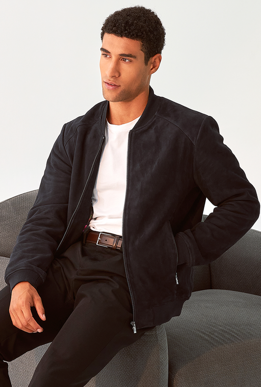 Men’s navy blue goatskin Bomber suede leather jacket with zip closure and side pockets