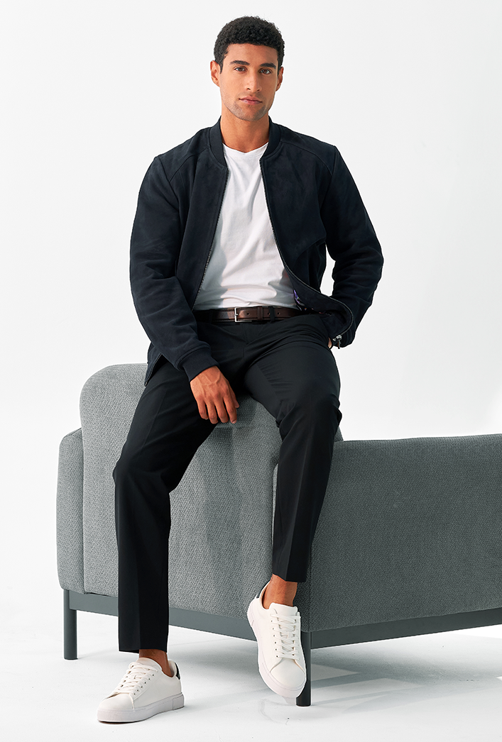 Men’s navy blue goatskin Bomber suede leather jacket with zip closure and side pockets Men’s navy blue goatskin Bomber suede leather jacket with zip closure and side pockets