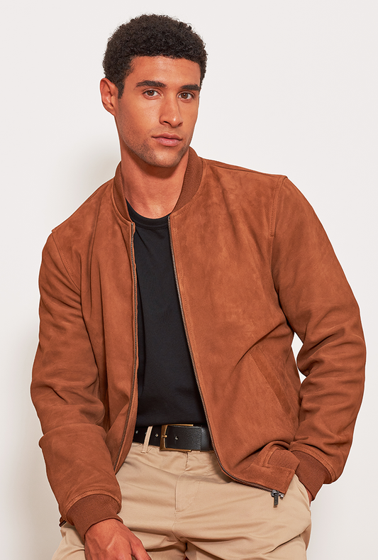 Men’s tobacco brown bomber jacket crafted from luxurious goatskin suede, featuring a sleek front zip closure and practical side pockets in a modern, tailored fit.