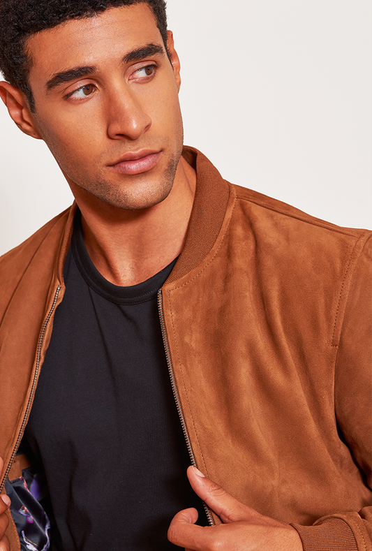 Men’s tobacco brown bomber jacket crafted from luxurious goatskin suede, featuring a sleek front zip closure and practical side pockets in a modern, tailored fit. Australia