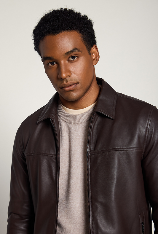 Men's Lightweight brown lambskin leather jacket with a smooth texture, classic shirt collar, and front zipper closure