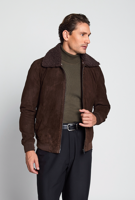 Men’s brown goatskin suede jacket featuring a faux shearling collar, front zip closure, and a soft, tailored fit for a classic yet elevated winter look