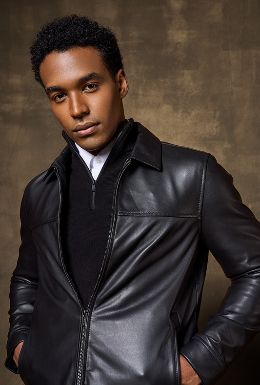 Lightweight Soft Black genuine lambskin leather jacket with a smooth texture, classic shirt collar, and front zipper closure. Harrington jacket