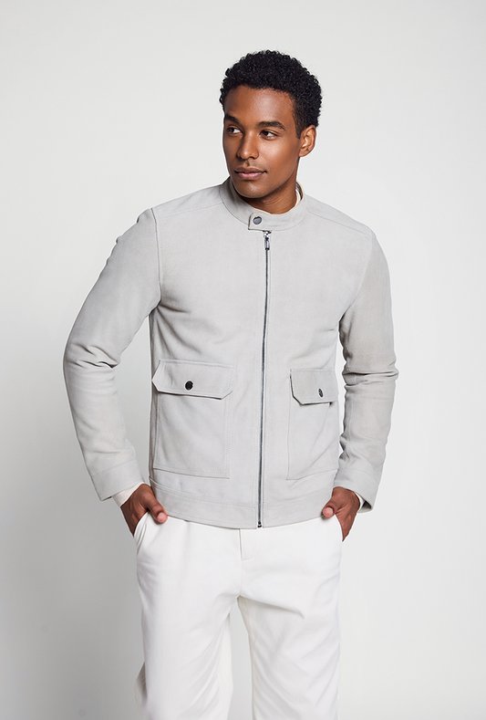 Men’s grey suede jacket featuring a mandarin collar with button detail, front zip closure, flap pockets, and a tailored fit
