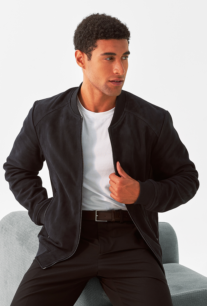 Men’s navy blue goatskin Bomber suede leather jacket with zip closure and side pockets Men’s navy blue goatskin Bomber suede leather jacket with zip closure and side pockets