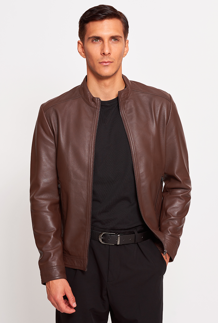 Men’s cognac-colored genuine lambskin leather biker jacket featuring a sleek zip closure, biker-style collar, slim fit, and lightweight construction for modern comfort and style Men’s cognac-colored genuine lambskin leather biker jacket featuring a sleek zip closure, biker-style collar, slim fit, and lightweight construction for modern comfort and style