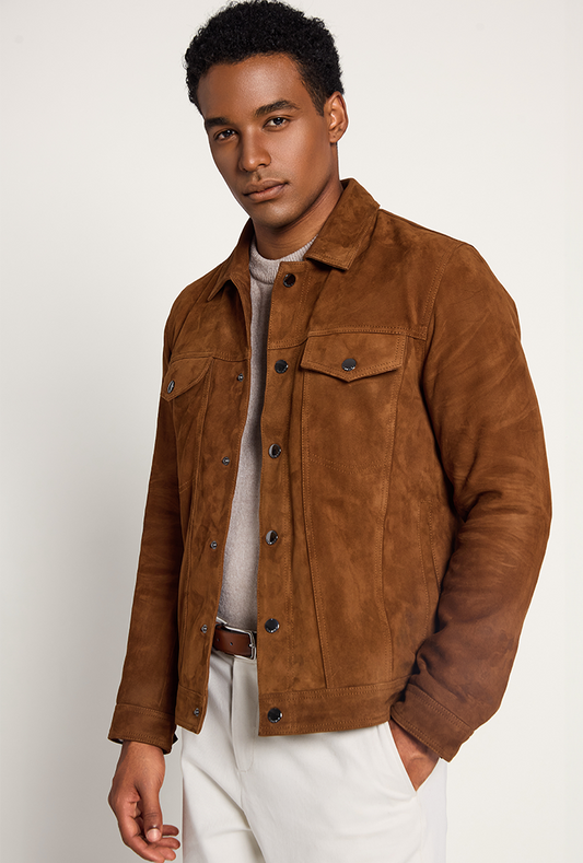 Men’s tobacco brown trucker suede jacket with a classic collar, button front closure, and dual chest pockets—blending rugged charm with modern style