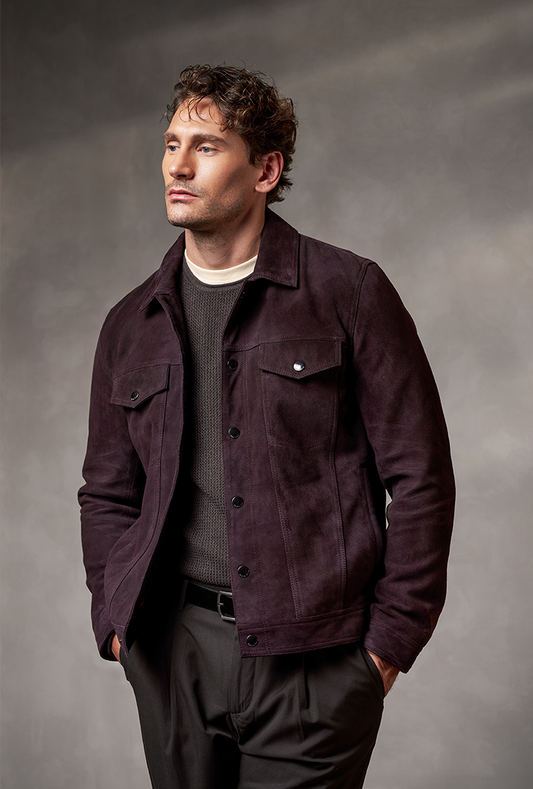 Men’s Bordeaux suede trucker jacket featuring a rich wine-red tone, classic collar, button front closure, and dual chest flap pockets for a bold, fashion-forward look