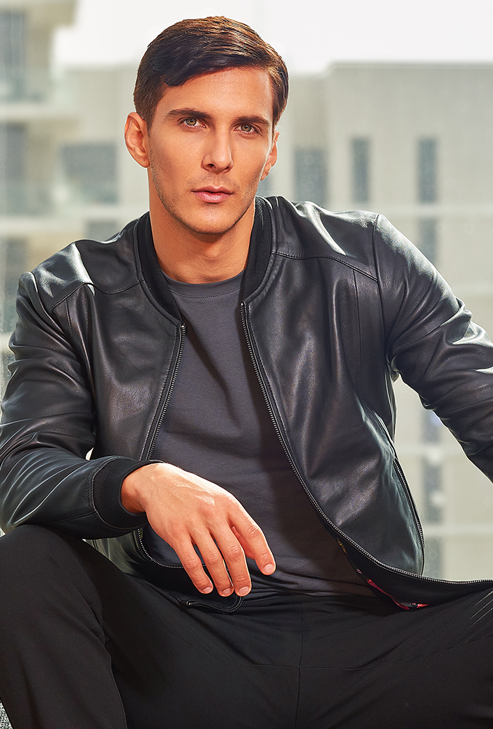 Bomber Jacket For Black Stylish Leather Jacket Double Zipper Stand