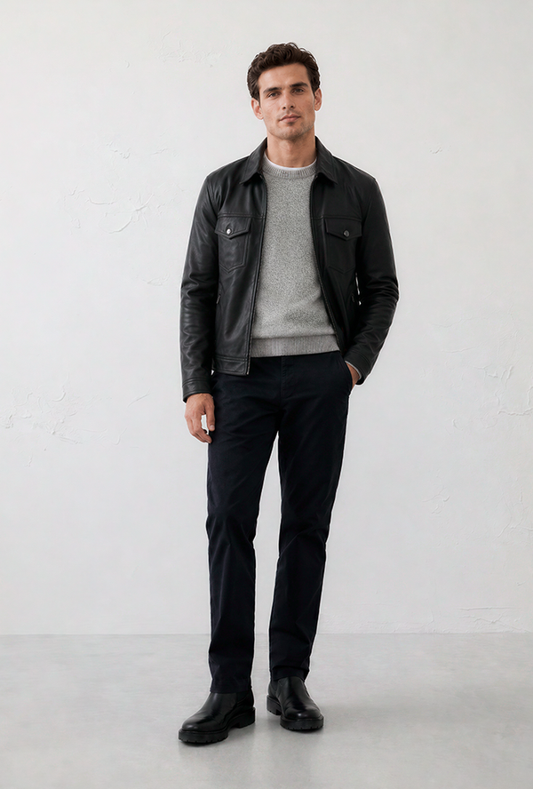A soft knit contrasted with Chelsea boots and a trucker leather jacket creates a look that's rugged in spirit and polished in execution.