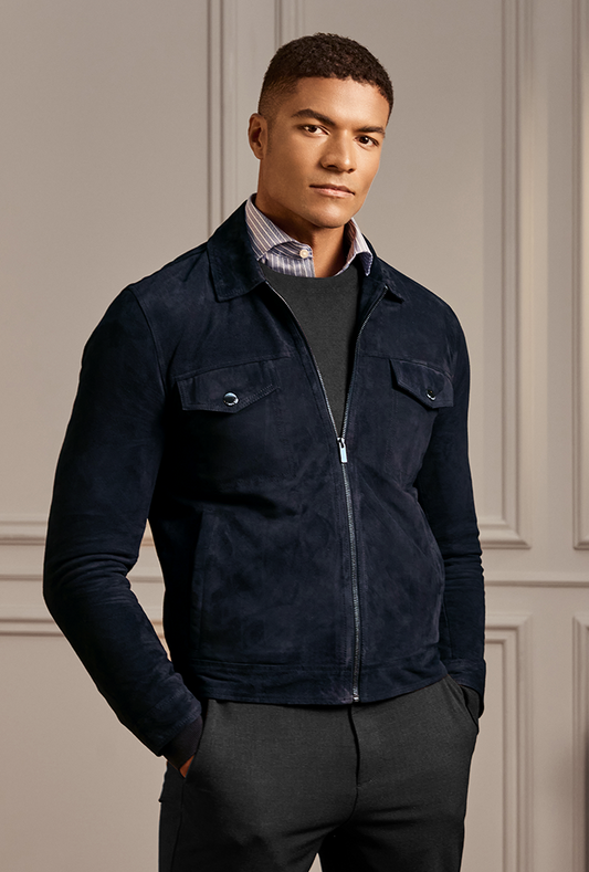 Men’s navy blue premium suede trucker jacket with zip closure