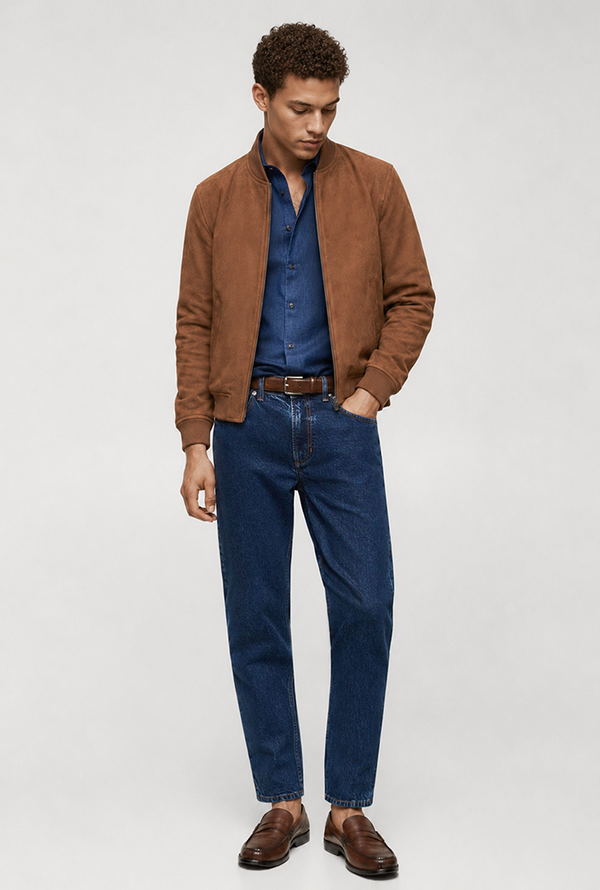 Tan suede against indigo denim - Contrasting textures and complementary tones come together to elevate an everyday denim foundation.