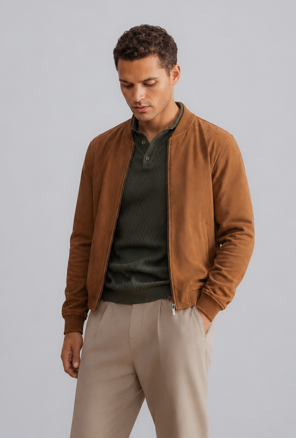 Muted olive and stone create a grounded palette, while the tan suede bomber adds warmth and depth. A lesson in how complementary tones can make an outfit feel instantly more polished.