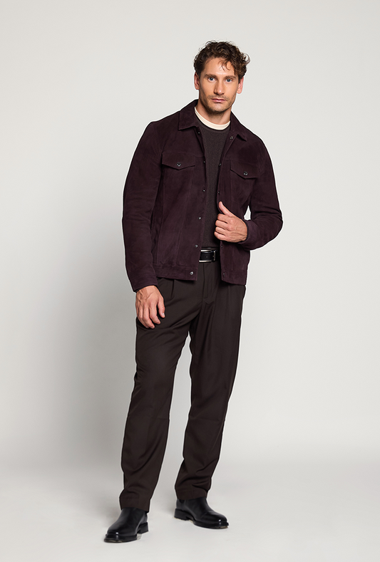 Men’s Bordeaux suede trucker jacket featuring a rich wine-red tone, classic collar, button front closure, and dual chest flap pockets for a bold, fashion-forward look