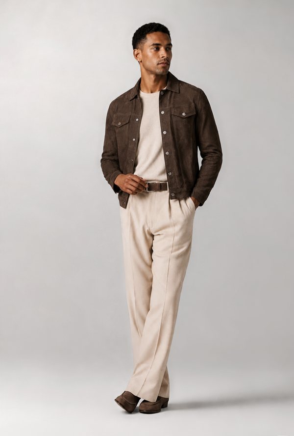 Our Canyon Brown Suede Jacket over a cream knit with ivory pleated trousers creates a warm, polished look, finished with a brown belt and matching boots for casual yet smart sophistication.