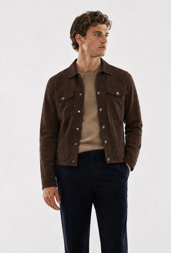 Pair it over a tan sweater and navy trousers  to create a relaxed, casual look. The mix of soft neutrals and structured jacket keeps it stylish yet easygoing.