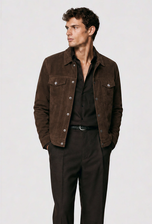Layer it over a matching dark brown shirt and trousers to create a sleek, monochromatic look and finish it off with dark brown leather or suede dress shoes. - ideal for smart-casual or evening occasions