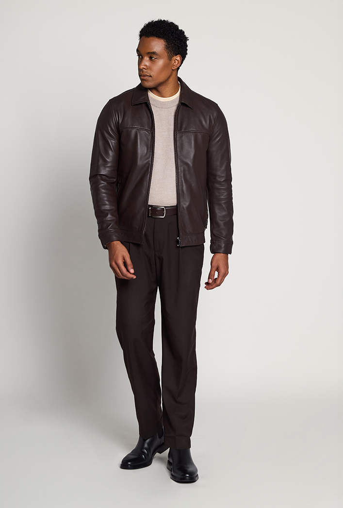 Lightweight brown lambskin leather jacket with a smooth texture, classic shirt collar, and front zipper closure