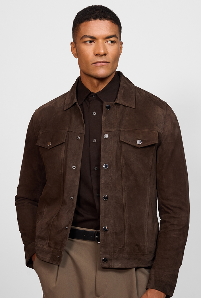 Premium brown suede trucker jacket with button closure for men, casual style for men in Sydney