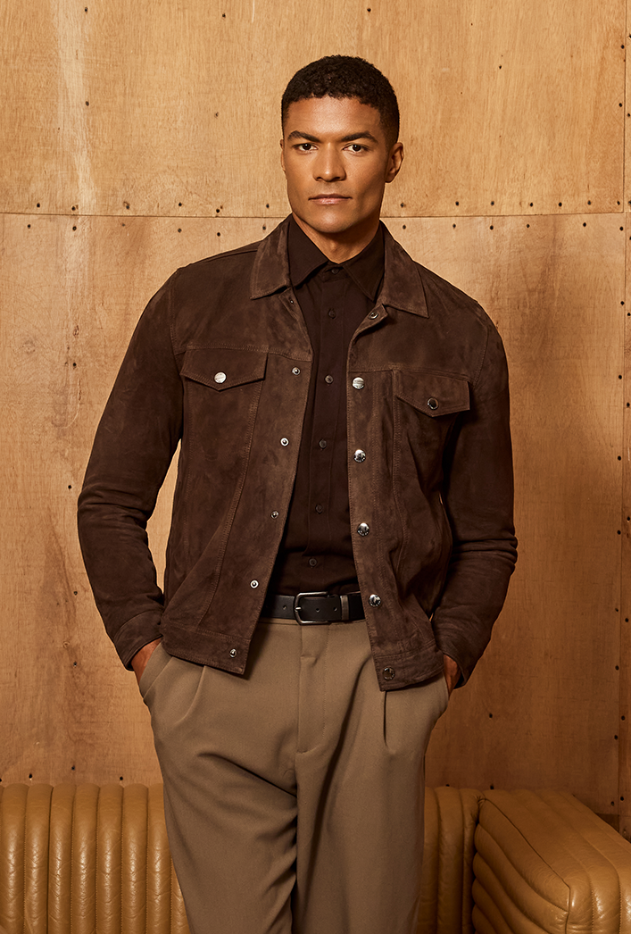 Men’s Collared brown suede jacket in trucker style with button closure, modern fit Melbourne