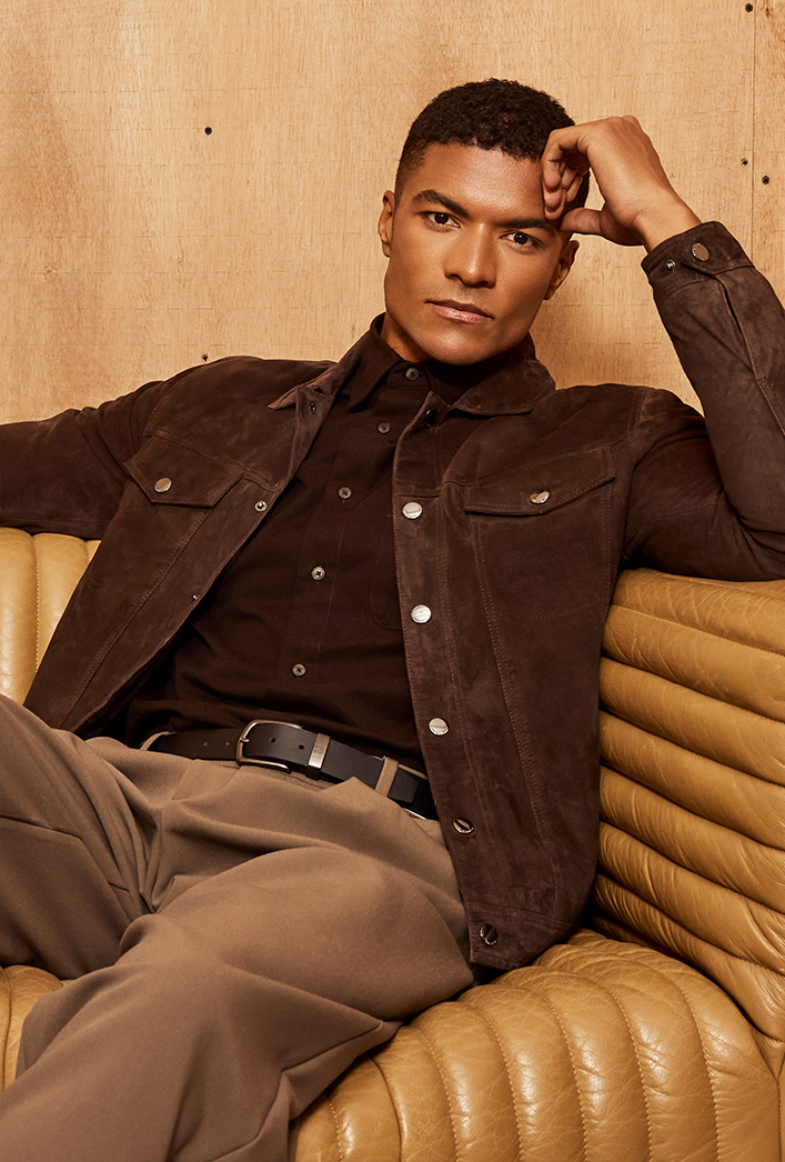 Brown suede trucker jacket for men with button closure, classic casual outerwear for Australia