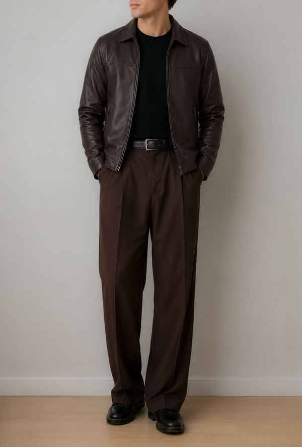 Pair the espresso brown leather jacket with a black crew-neck tee and matching brown trousers for a sharp, tonal look. Complete with black leather shoes, this style is casual yet polished.