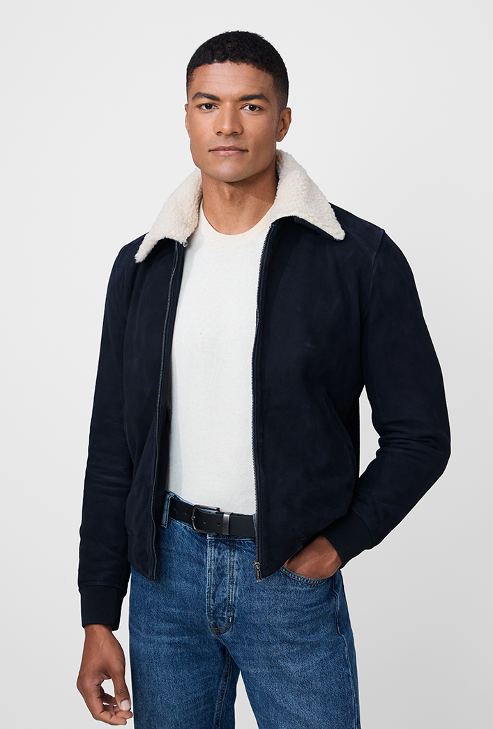 Navy blue suede jacket for men with shearling collar, winter outerwear style