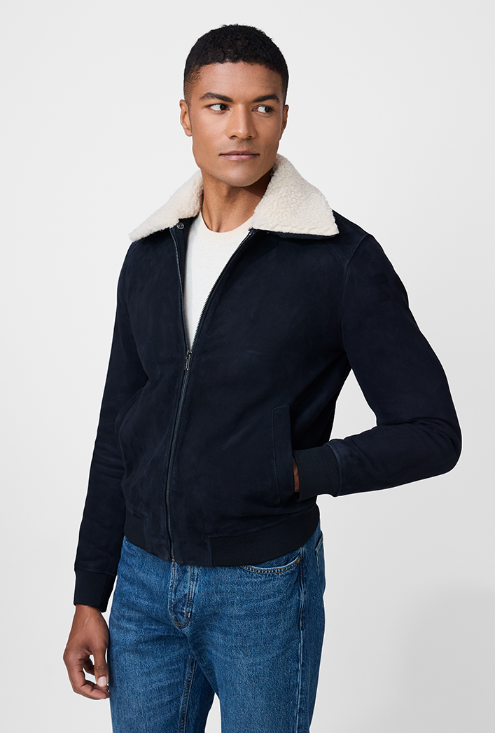 Navy blue bomber suede jacket with shearling collar for men, casual winter fashion in australia