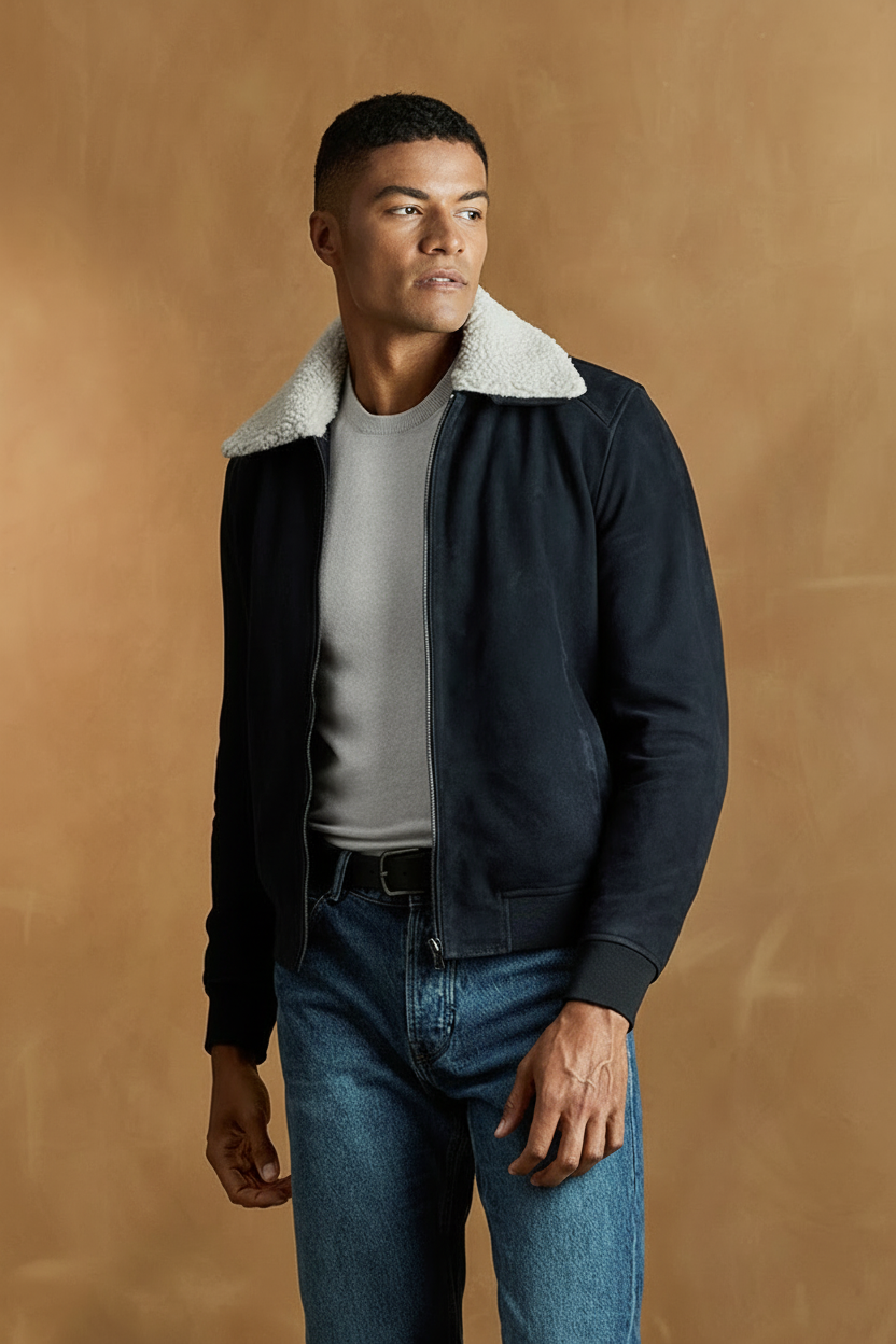 Fashionable men’s navy blue suede jacket with white shearling collar and front zip design