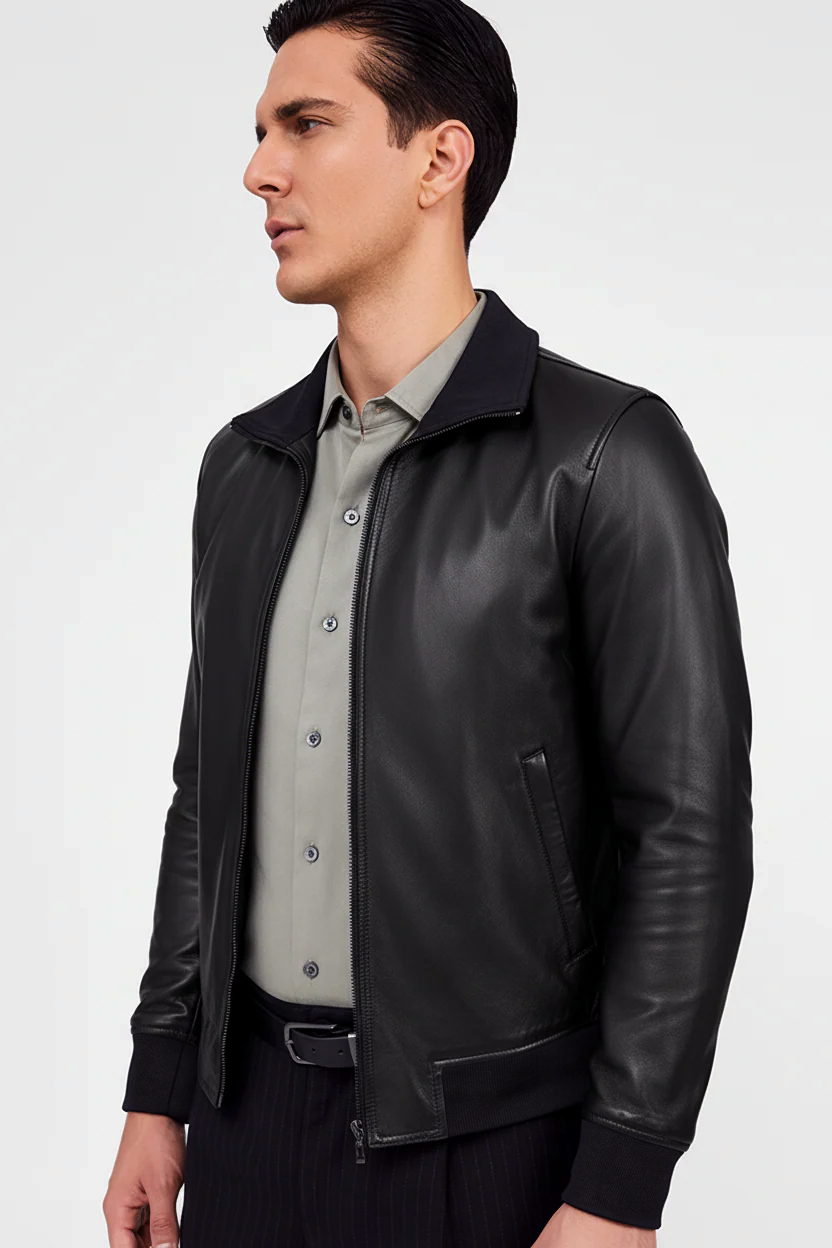 zip up high neck leather jacket men australia in black