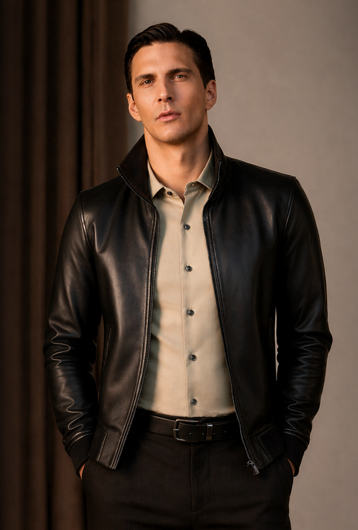 men’s funnel neck leather jacket in black bomber style for Australia