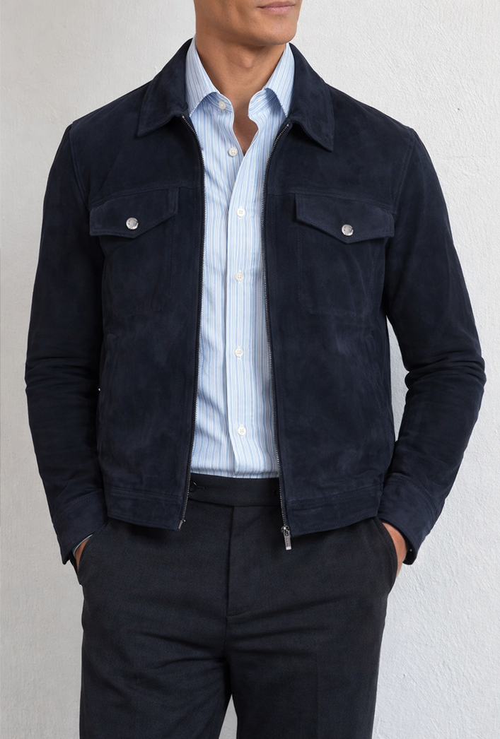 men’s suede jacket Australia in navy blue trucker style