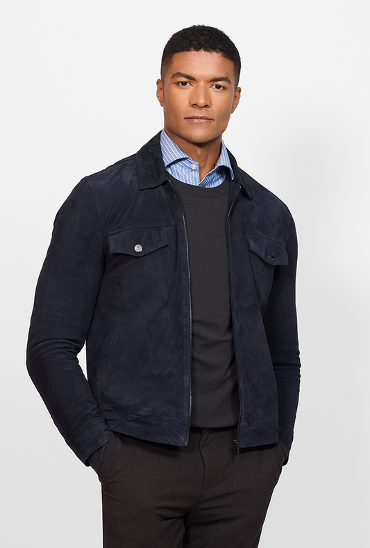 Luxury men’s navy blue suede leather trucker jacket