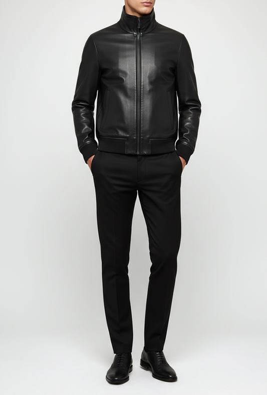 Men’s genuine black leather jacket with funnel collar, smart casual look 