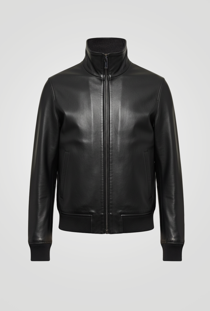 Men’s black bomber leather jacket featuring a funnel collar and tailored fit