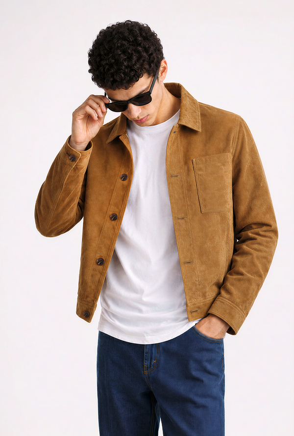 Tuscan Tan jacket transforms a classic white tee and blue jeans combo into a refined, street-smart ensemble. Finish it with white sneakers, for an effortless yet stylish look perfect for daily wear.
