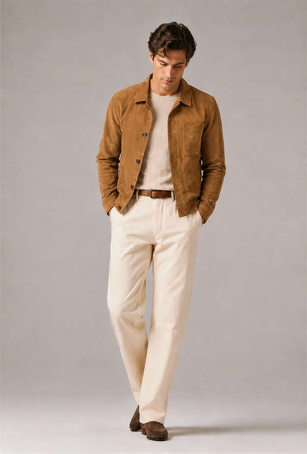 Our tan jacket with beige chinos and a cream sweater creates a warm, tonal look, tied together with a brown belt and suede shoes. Refined yet relaxed, perfect for smart-casual outings.