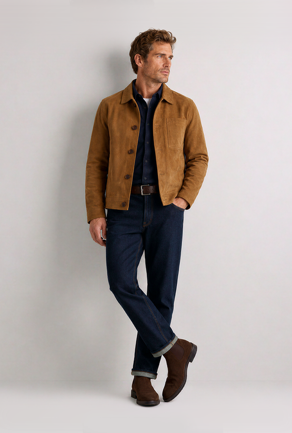 Dark denim-on-denim meets a tan suede chore jacket, finished with brown boots and belt for a rugged, refined vibe. Perfect for casual weekends, city strolls, or evening hangouts.