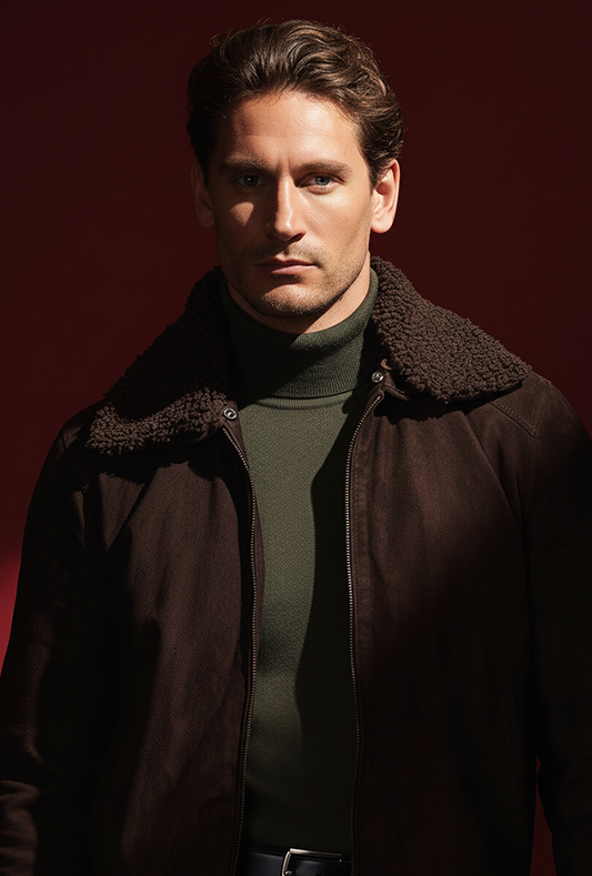 Aspen Faux Shearling Collar Brown Suede Jacket